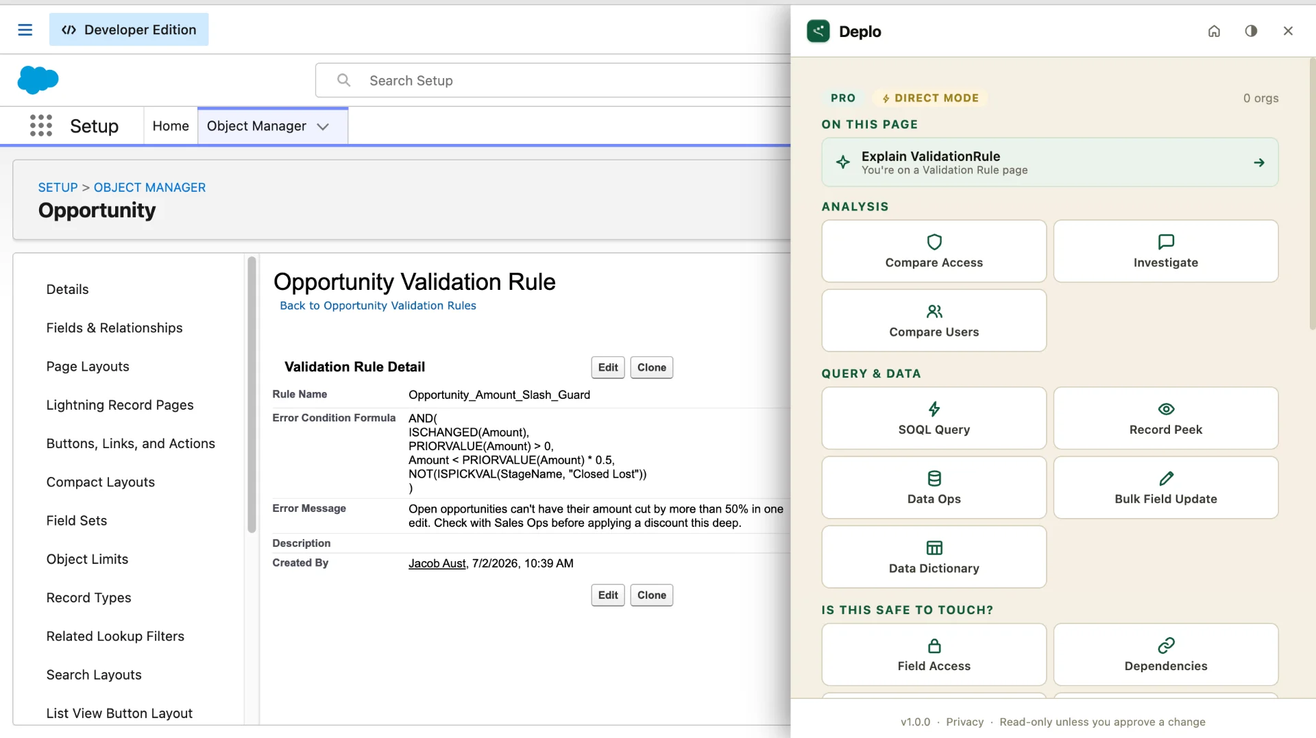Deplo side panel open in Salesforce showing the tool grid: Compare Access, Investigate, SOQL Query, Data Ops, Field Access, and more